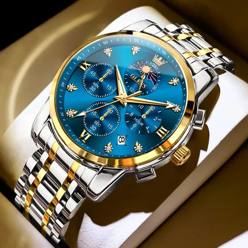 Vista 6 de OLEVS Watch for Men Diamond Business Dress Analog Quartz Stainless Steel Waterproof Luminous Date Two Tone Luxury Casual Wrist Watch Blue