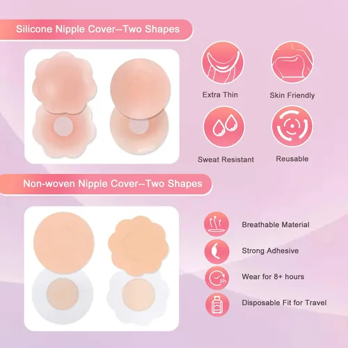 Vista 4 de Cinta de tetas, cinta instantánea de levantamiento de senos con 2 pares de cubierta de silicona para pezones, brasier adhesivo reutilizable, 36