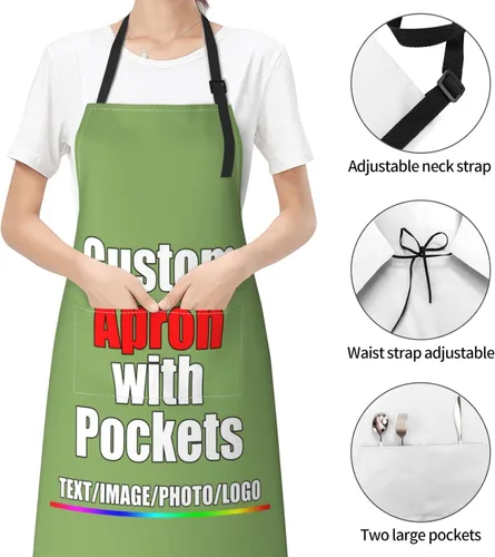 Vista 6 de Delantal personalizado para hombres y mujeres, niñas, niños, personalizable, nombre, texto, logotipo, imagen, foto, ajustable, con dos bolsillos