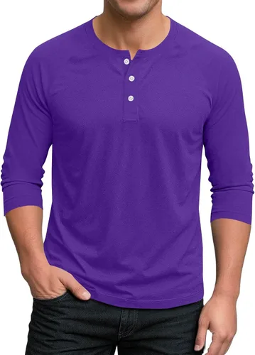 Vista 14 de Ctreela Camiseta Henley de manga 3/4 para hombre, estilo casual, ajustada, color sólido, manga larga, camiseta de béisbol