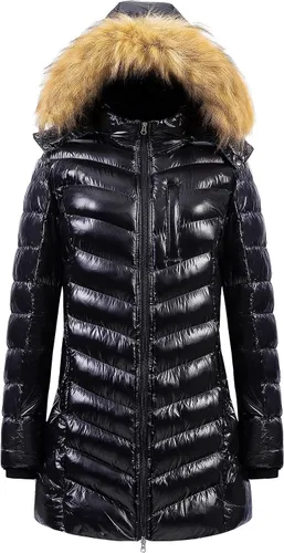 Vista 19 de CREATMO US Abrigo de invierno con capucha para mujer, impermeable, cálido, largo acolchado, parka Azul (Acid Blue)