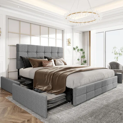 Vista 13 de HOOMIC Base de cama de almacenamiento de plataforma de tamaño matrimonial con 4 cajones y cabecera ajustable, listones de madera, no necesita Blanco