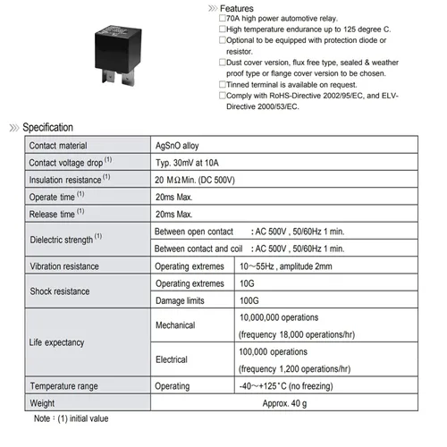 Vista 6 de 897H-1AH-D-R1 U02 13742705 12VDC 70A 13306943 4Pins Plug in SPNO Relé de potencia automotriz