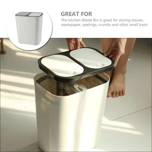 Vista 7 de Bote de basura de doble compartimento para residuos de cocina, contenedor de basura blanco con tapa para separación seca y húmeda, elegante cubo