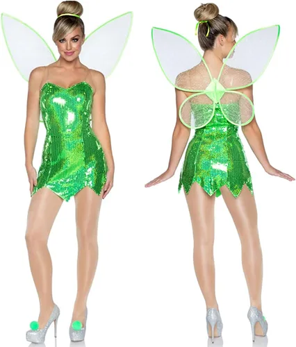 Vista 2 de SOLILOQUY Disfraz de hada Pixie para mujer, bonito vestido verde con ala, disfraz de Halloween, fiesta de cosplay