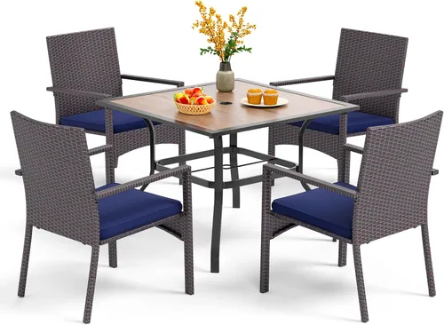 Vista 20 de PHI VILLA Juego de comedor al aire libre de 5 piezas para 4, mesa de comedor cuadrada de metal y sillas de mimbre de ratán con cojines, muebles