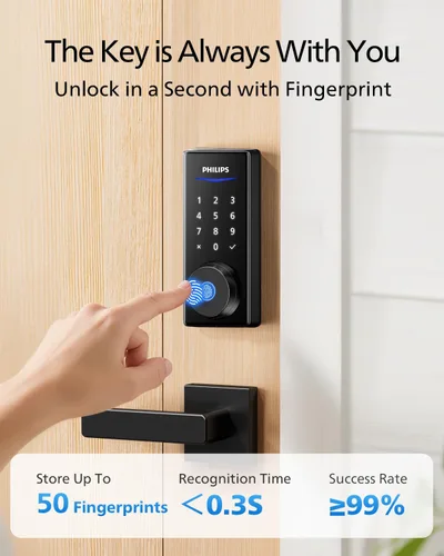 Vista 4 de Philips - Cerradura inteligente WiFi con manija, cerradura de puerta sin llave con reconocimiento de huellas dactilares y puente WiFi, cerraduras