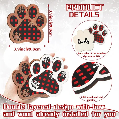 Vista 2 de Adornos navideños de madera con forma de pata de perro para árbol de Navidad, decoración colgante de huella de pata de perro con corbatines