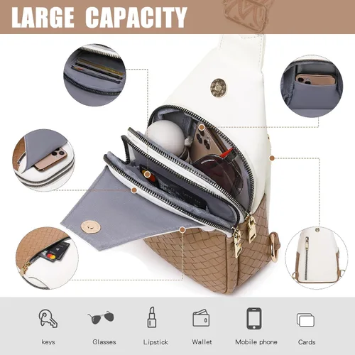 Vista 3 de Bolso bandolera para mujer, cangurera de pecho pequeño, de piel sintética de viaje a la moda, con correa ajustable, F106-beige y marrón claro, Bolso