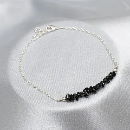Vista 5 de Gempires Natural Black Tourmaline Chips Bar Bracelet, 3-4 mm Chips With 7+1 inch Adjustable Silver Plated Chain (Black Tourmaline)