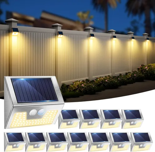 Vista 21 de vighep Paquete de 12 luces solares de movimiento para exteriores, luces impermeables para valla al aire libre, luces LED de pared blancas cálidas