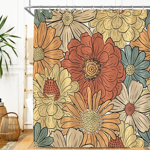 Vista 44 de Cortina de ducha pequeña para casa rodante, tamaño medio, estilo retro de los 70, con flores bonitas, estética abstracta de margaritas, decorativa
