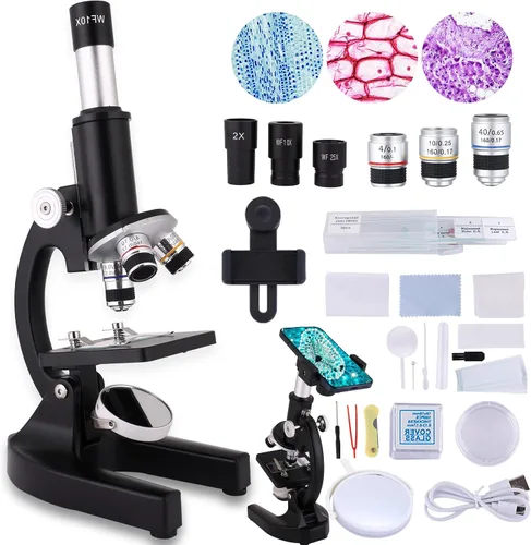 Vista 10 de Microscopio para niños y adultos, microscopio 40X-2000X con adaptador para teléfono y juego de diapositivas, adecuado para laboratorio escolar