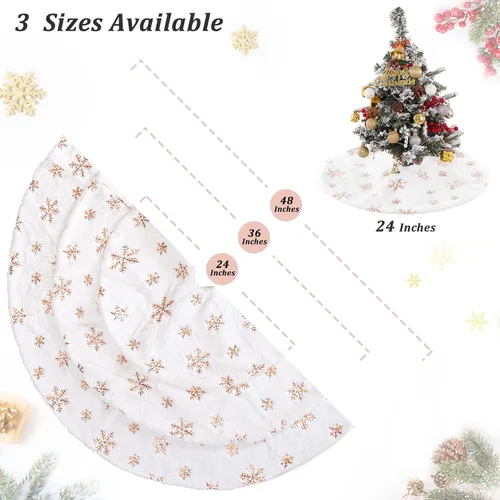 Vista 7 de Falda de árbol de copos de nieve de oro rosa de 24 pulgadas, faldas de árbol de piel sintética blanca, mini faldas de árbol de Navidad, tapete