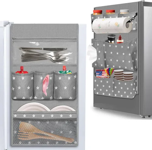 Vista 9 de Organizador de refrigerador pequeño para dormitorio, para colgar sobre el refrigerador, organizador universitario con 14 bolsillos para oficina