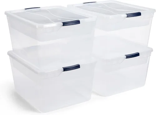 Vista 12 de Rubbermaid Cleverstore - Paquete de 4 recipientes de plástico apilables de 41 cuartos con tapas de cierre duraderas, organización visible, aula