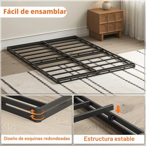 Vista 6 de Base de cama resistente de 2 pulgadas con cubierta de tela Base de colchón de metal, solo somier de perfil bajo, sin ruido, fácil montaje, soporte