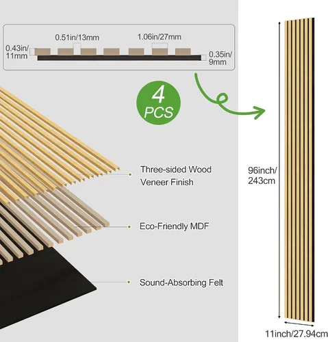 Vista 10 de Paquete de 2 paneles de madera para pared, paneles acústicos de listones de madera de 48 x 24 pulgadas, paneles acústicos para decoración de paredes