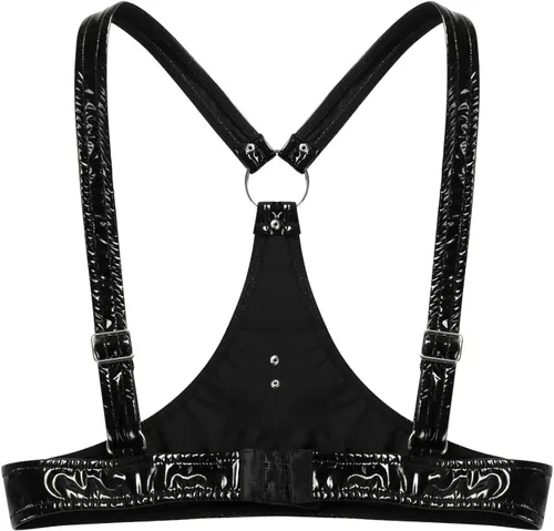 Vista 3 de Arnés de cuero sin copas para mujer, sujetador de jaula, estilo punk, gótico, ahuecado, parte superior, rave, disfraz