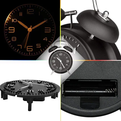 Vista 7 de Azyh Reloj despertador ruidoso para adultos que duermen pesados, de metal de 4 pulgadas, doble campana, funciona con pilas, para decoración de Negro