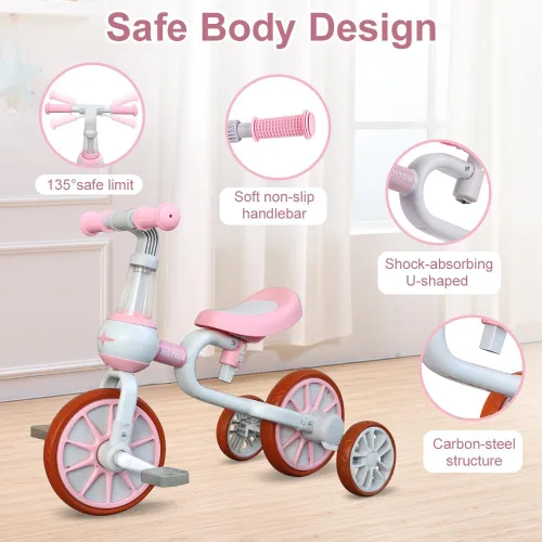 Vista 4 de XIAPIA Bicicleta 3 en 1 para Niños Pequeños de 2-4 Años Niña Niño, Triciclo para Niños con Asiento Ajustable, Pedal Desmontable y Ruedas