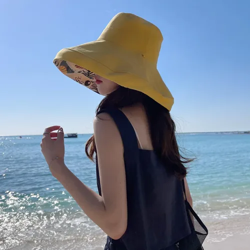 Vista 20 de Sombrero de sol de ala súper ancha para mujer, de algodón, plegable, reversible, con borde con cable, protección UV, verano, playa, viajes, jardín
