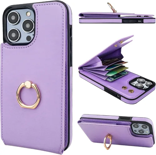 Vista 43 de Folosu Funda tipo billetera compatible con iPhone 14 con soporte para tarjetas, soporte de anillo para dedo con rotación de 360° y función atril