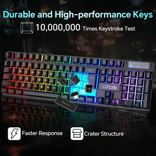 Vista 6 de CHONCHOW - Combo de Teclado y Ratón para Juegos, USB con Cable RGB Retroiluminado, Teclado Mecánico con Sensibilidad Anti-ghosting 3200DPI y Ratón