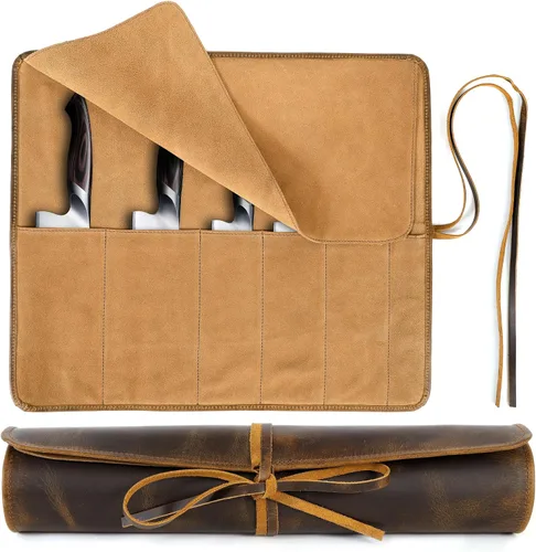 Vista 11 de ELIZO Bolsa de rollo para cuchillos de cuero, estuche para cuchillos de chef profesional, funda duradera para cuchillos, almacenamiento portátil