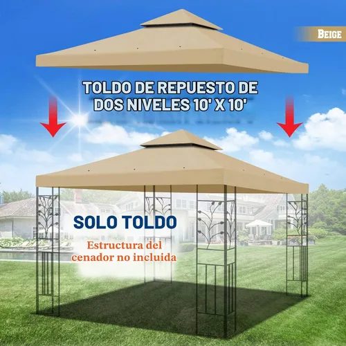 Vista 3 de BenefitUSA Toldo de repuesto para kiosco de 10 x 10 pies, cubierta superior de doble nivel (beige)