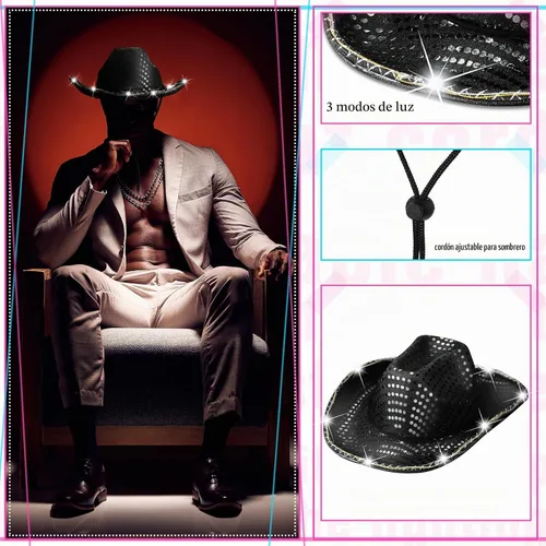 Vista 3 de Tisancy Paquete de 20 sombreros de vaquera con luces LED intermitentes para despedida de soltera occidental, boda, novia Negro