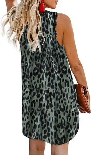 Vista 4 de Womens V Neck Lace Trim Floral Print Tank Dress Loose Sleeveless Summer Casual Mini Dress Long Sleeve Black Dress Casual