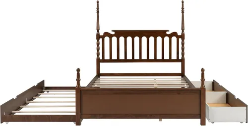 Vista 5 de MERITLINE Cama de plataforma tamaño Queen con cama nido individual XL y 2 cajones de almacenamiento, marco de cama de plataforma de madera maciza