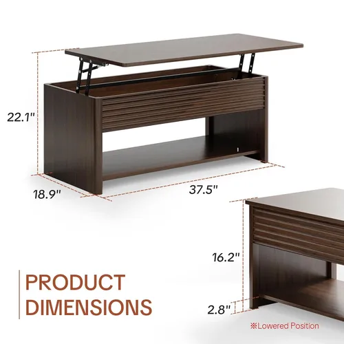 Vista 2 de Mesa de centro con parte superior acanalada para sala de estar, mesa de centro pequeña con almacenamiento de elevación hidráulica, gran capacidad
