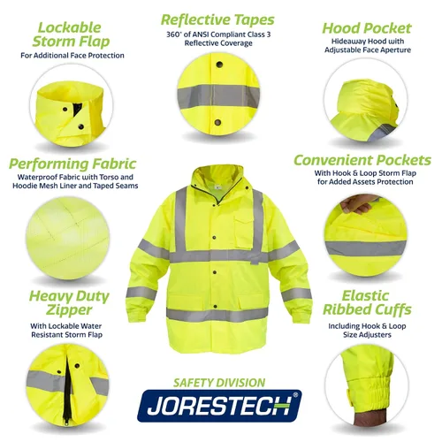Vista 4 de Jorestech - chamarra ligera para la lluvia, impermeable, ANSI/ISEA 107-2015, clase 3, nivel 2, Amarillo, Extra grande