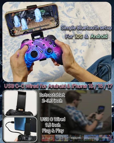 Vista 4 de Wzuicov Multi-Platform Game Controller with RGB & Dual-Mode Bluetooth & Wired Connection, Wireless Gamepad for Switch/Switch 2/iOS/Android/PC/TV