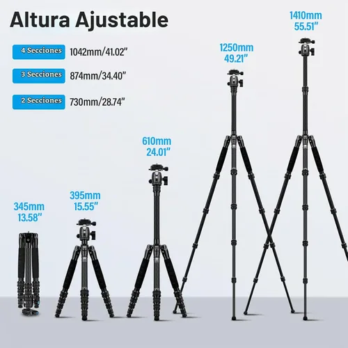 Vista 3 de SIRUI Trípode de Viaje Ligero de Fibra de Carbono, Trípode de Cámara Compacto de 52" con Kit de Cabeza de Bola de 360°, Columna Central Desmontable