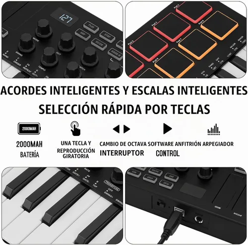 Vista 5 de M-Wave Controlador de teclado USB MIDI de 25 teclas con 8 almohadillas de batería retroiluminadas, Bluetooth, teclado dinámico profesional clásicos