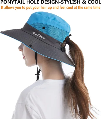 Vista 6 de Tutuko Sombreros de sol de ala ancha para mujer, plegables, protección UV, para playa, cola de caballo de malla, sombrero de pesca