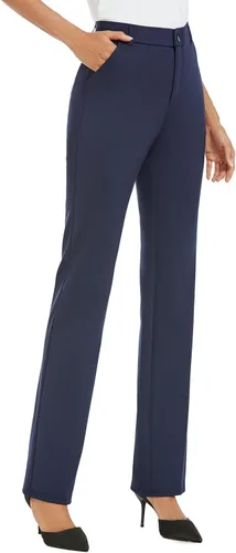 Vista 2 de Pantalones de trabajo elásticos de pierna recta para mujer, pantalones de trabajo, negocios, oficina, pantalones casuales con bolsillos