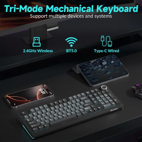 Vista 3 de SOLAKAKA KI99 Pro - Teclado mecánico inalámbrico con interruptor silencioso, interruptores preiluminados intercambiables en caliente, teclado