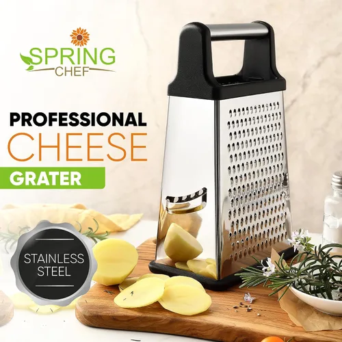Vista 2 de Spring Chef Rallador Profesional de Queso - Acero Inoxidable, Tamaño XL, 4 Lados - Rallador de Caja Perfecto para Queso Parmesano, Verduras, Negro