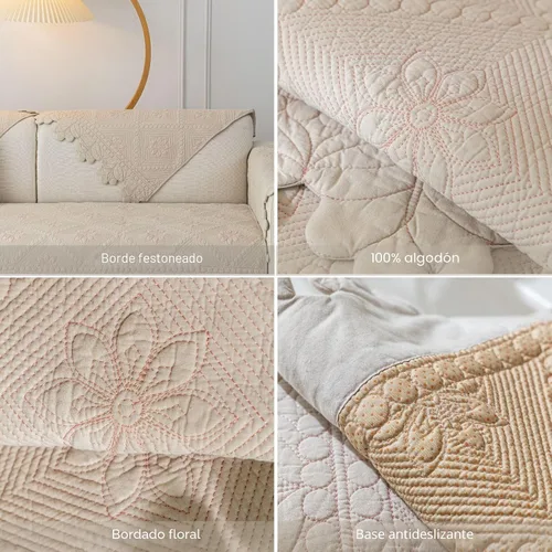 Vista 7 de Funda de sofá acolchada de algodón con bordado rústico para sofá de granja, funda seccional para sofá suave, antideslizante, protector de muebles