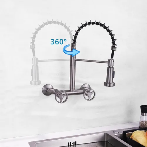 Vista 6 de Grifo de cocina de montaje en pared con pulverizador, 6 pulgadas cepillado níquel