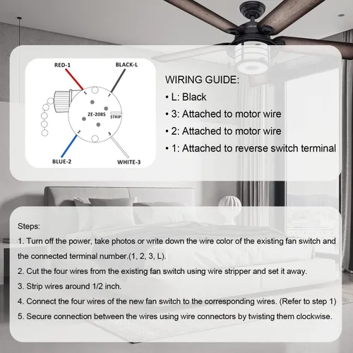 Vista 3 de Interruptor de ventilador de techo con 4 cables preinstalados de 3 velocidades y 4 cables, ZE-208s Zing Ear E89885, cadena de tracción