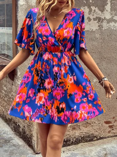 Vista 6 de OYOANGLE Vestido acampanado acampanado con cuello en V y manga corta de mariposa para mujer