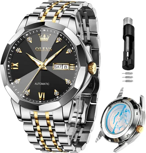 Vista 55 de OLEVS Reloj de pulsera automático con diseño de esqueleto para hombre, de lujo, con diamantes de lujo, de acero inoxidable, calendario, reloj