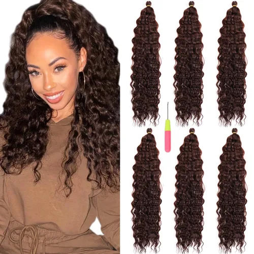 Vista 16 de Extensiones de cabello ondulado con ganchillo Ocean Wave de 18 pulgadas, 6 paquetes, extensiones de cabello de ganchillo sueltas de onda profunda #1B