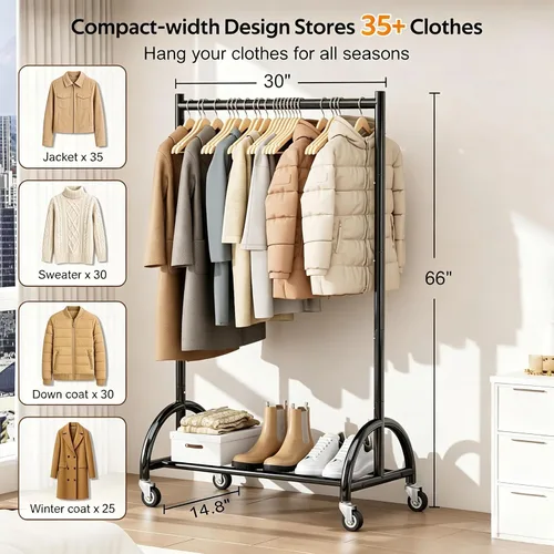 Vista 3 de MISSLO Perchero de ropa resistente con ruedas para colgar ropa, abrigos, ropa, vestidos, negro, 30 pulgadas de ancho