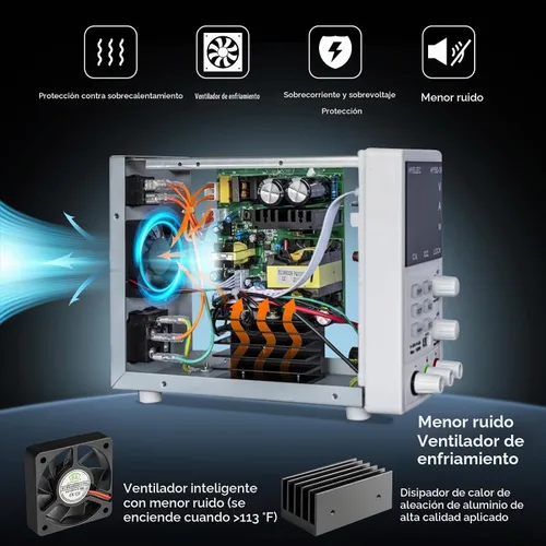 Vista 4 de Fuente de alimentación CC variable, fuente de alimentación de banco regulada de conmutación 0-50V 0-6A máx150W con memoria, pantalla LED de 4